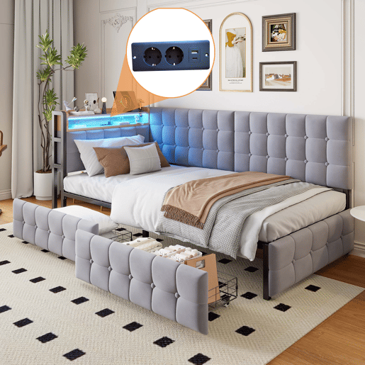 Sofá-cama 90x200 cm - Com 2 gavetas, candeeiro de cabeceira LED, portas USB e Tipo-C - Cinza claro