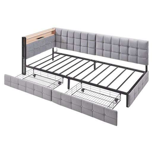 Sofá-cama 90x200 cm - Com 2 gavetas, candeeiro de cabeceira LED, portas USB e Tipo-C - Cinza claro