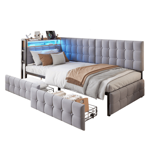 Sofá-cama 90x200 cm - Com 2 gavetas, candeeiro de cabeceira LED, portas USB e Tipo-C - Cinza claro