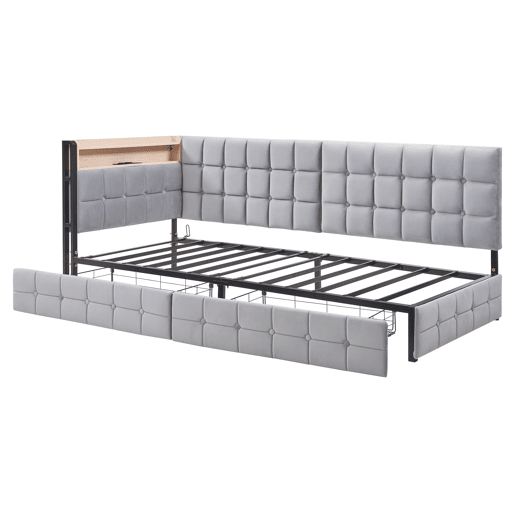 Sofá-cama 90x200 cm - Com 2 gavetas, candeeiro de cabeceira LED, portas USB e Tipo-C - Cinza claro