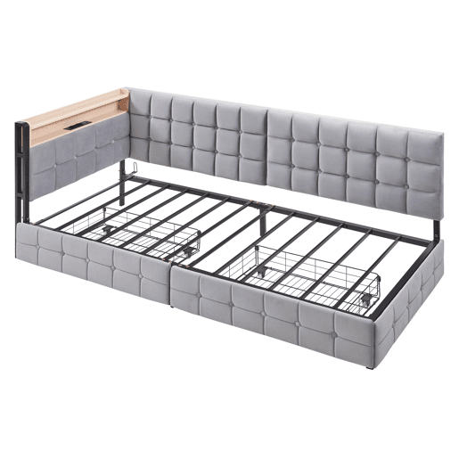 Sofá-cama 90x200 cm - Com 2 gavetas, candeeiro de cabeceira LED, portas USB e Tipo-C - Cinza claro