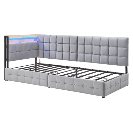 Sofá-cama 90x200 cm - Com 2 gavetas, candeeiro de cabeceira LED, portas USB e Tipo-C - Cinza claro