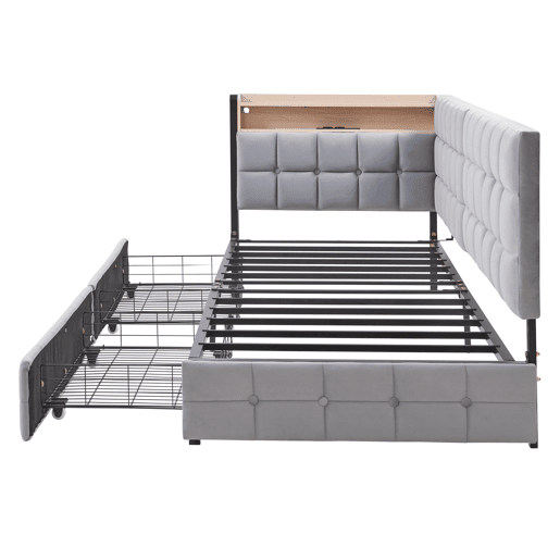 Sofá-cama 90x200 cm - Com 2 gavetas, candeeiro de cabeceira LED, portas USB e Tipo-C - Cinza claro