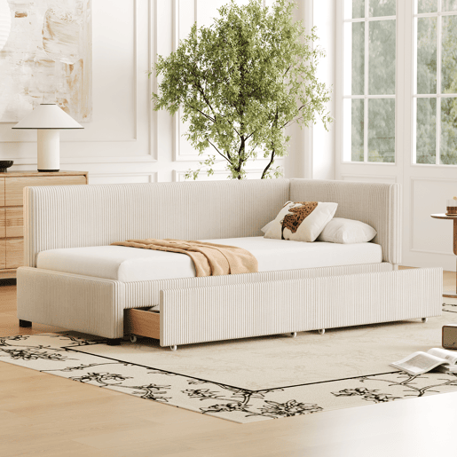 Sofá-cama 90x200 - Multifuncional com 2 gavetas de arrumação e estrado - Bege