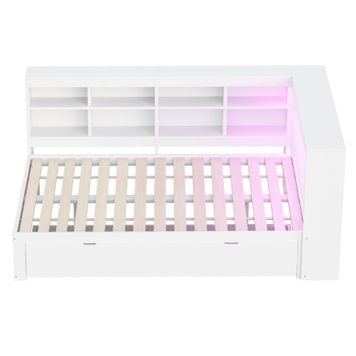 Sofá-cama 140 x 200 cm - com gavetas grandes, USB, LED, prateleiras e compartimentos, muito espaço de arrumação - Branco