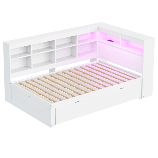 Sofá-cama 140 x 200 cm - com gavetas grandes, USB, LED, prateleiras e compartimentos, muito espaço de arrumação - Branco