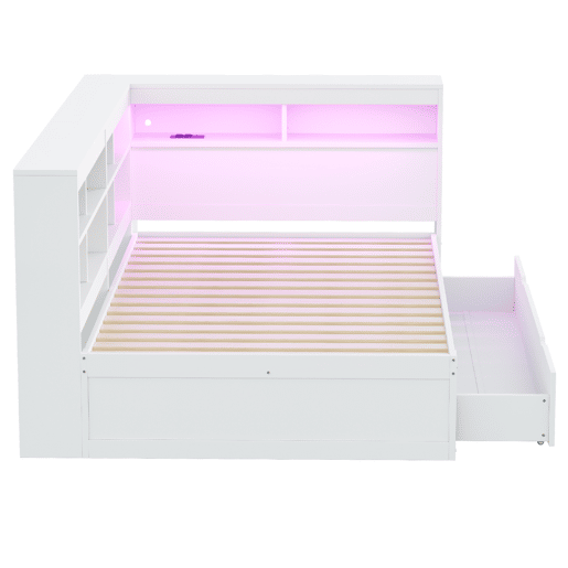 Sofá-cama 140 x 200 cm - com gavetas grandes, USB, LED, prateleiras e compartimentos, muito espaço de arrumação - Branco