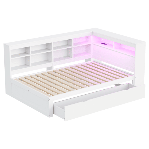 Sofá-cama 140 x 200 cm - com gavetas grandes, USB, LED, prateleiras e compartimentos, muito espaço de arrumação - Branco