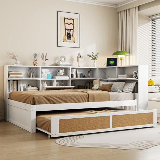 Sofá-cama de madeira 140*200 - com cama extensível, cama individual, com arrumação e porta de carregamento - Branco