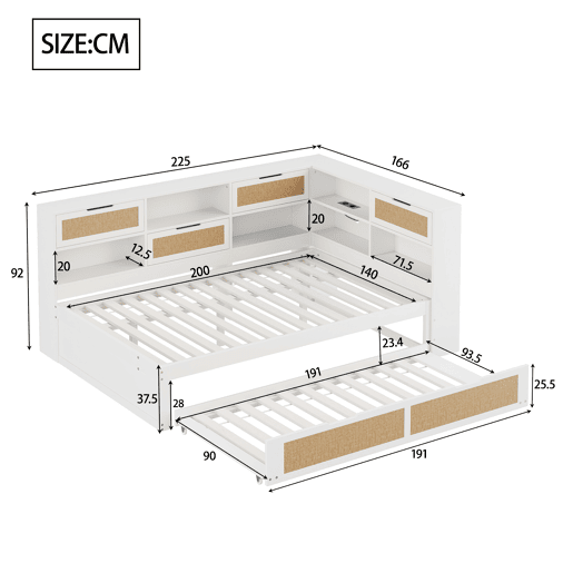 Sofá-cama de madeira 140*200 - com cama extensível, cama individual, com arrumação e porta de carregamento - Branco