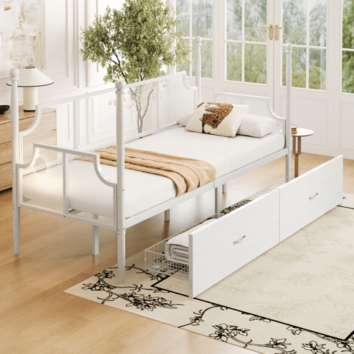 Sofá-cama 90x200 - Encosto em malha, braços estilo vintage, estrutura metálica com compartimentos - Branco