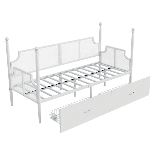 Sofá-cama 90x200 - Encosto em malha, braços estilo vintage, estrutura metálica com compartimentos - Branco