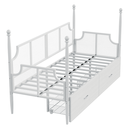 Sofá-cama 90x200 - Encosto em malha, braços estilo vintage, estrutura metálica com compartimentos - Branco