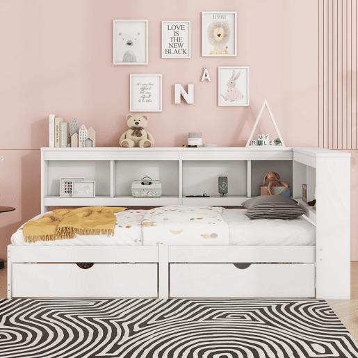 Cama de dia 90x200cm - Sofá-cama, com duas gavetas, tomada e 2 portas USB, com estrado (sem colchão) - Branco