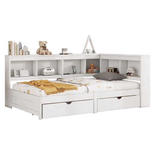 Cama de dia 90x200cm - Sofá-cama, com duas gavetas, tomada e 2 portas USB, com estrado (sem colchão) - Branco