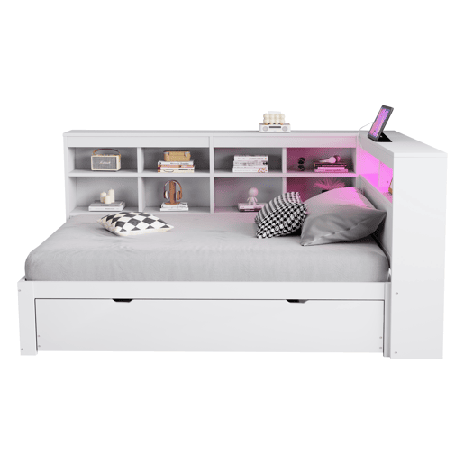 Sofá-cama 90*200 cm - Com cama extensível, tomada USB e luz LED, com prateleiras e compartimentos, grande capacidade de arrumação - Branco