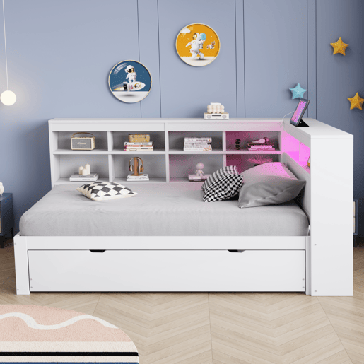 Sofá-cama 90*200 cm - Com cama extensível, tomada USB e luz LED, com prateleiras e compartimentos, grande capacidade de arrumação - Branco
