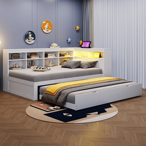 Sofá-cama 90*200 cm - Com cama extensível, tomada USB e luz LED, com prateleiras e compartimentos, grande capacidade de arrumação - Branco