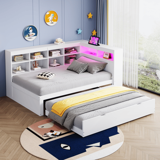 Sofá-cama 90*200 cm - Com cama extensível, tomada USB e luz LED, com prateleiras e compartimentos, grande capacidade de arrumação - Branco