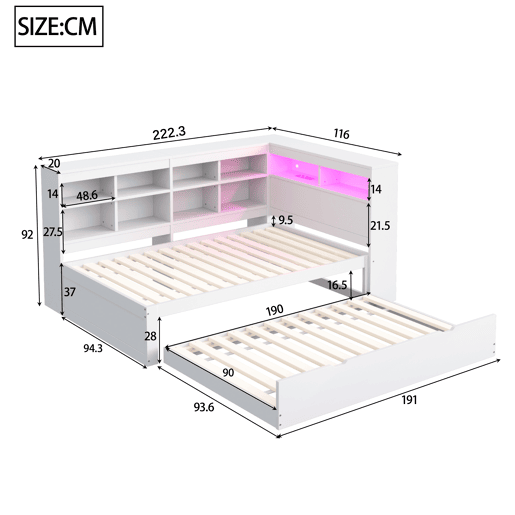 Sofá-cama 90*200 cm - Com cama extensível, tomada USB e luz LED, com prateleiras e compartimentos, grande capacidade de arrumação - Branco