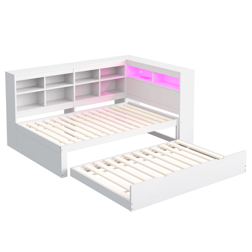 Sofá-cama 90*200 cm - Com cama extensível, tomada USB e luz LED, com prateleiras e compartimentos, grande capacidade de arrumação - Branco
