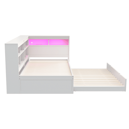 Sofá-cama 90*200 cm - Com cama extensível, tomada USB e luz LED, com prateleiras e compartimentos, grande capacidade de arrumação - Branco