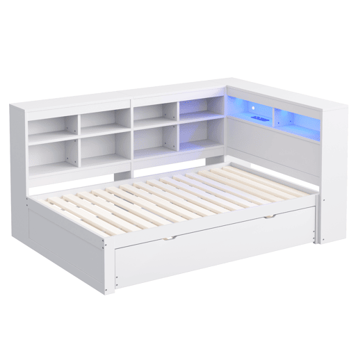 Sofá-cama 90*200 cm - Com cama extensível, tomada USB e luz LED, com prateleiras e compartimentos, grande capacidade de arrumação - Branco