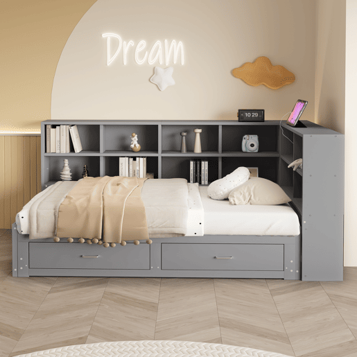 Sofá-cama extensível 90180*190 cm - Com arrumação, tomada multifuncional, gavetas e estrado - Cinza