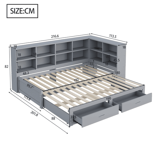Sofá-cama extensível 90180*190 cm - Com arrumação, tomada multifuncional, gavetas e estrado - Cinza