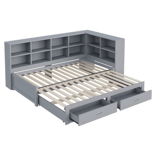 Sofá-cama extensível 90180*190 cm - Com arrumação, tomada multifuncional, gavetas e estrado - Cinza