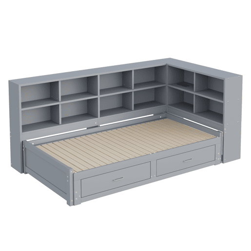 Sofá-cama extensível 90180*190 cm - Com arrumação, tomada multifuncional, gavetas e estrado - Cinza