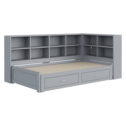 Sofá-cama extensível 90180*190 cm - Com arrumação, tomada multifuncional, gavetas e estrado - Cinza