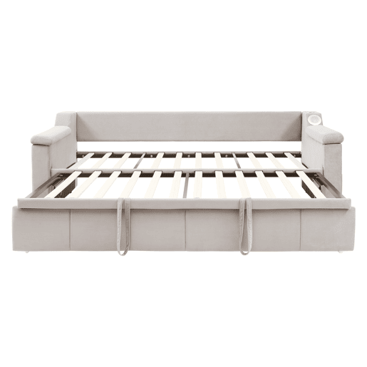 Sofá-cama 90180x190 cm - Apoios de braços largos e grossos, Com sistema de som Bluetooth inteligente, Com porta USB, Com compartimentos de arrumação, Com estrado, Tecido de veludo - Bege