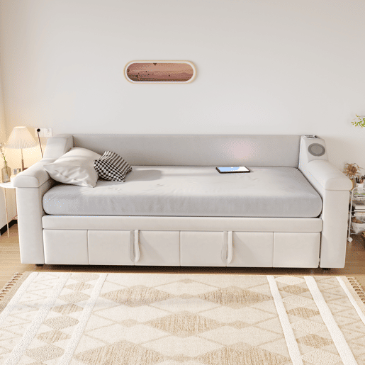 Sofá-cama 90180x190 cm - Apoios de braços largos e grossos, Com sistema de som Bluetooth inteligente, Com porta USB, Com compartimentos de arrumação, Com estrado, Tecido de veludo - Bege
