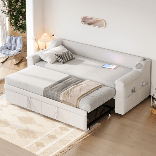 Sofá-cama 90180x190 cm - Apoios de braços largos e grossos, Com sistema de som Bluetooth inteligente, Com porta USB, Com compartimentos de arrumação, Com estrado, Tecido de veludo - Bege