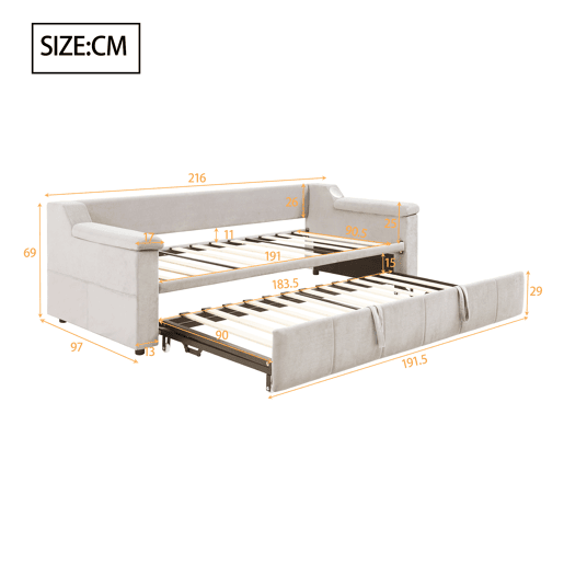 Sofá-cama 90180x190 cm - Apoios de braços largos e grossos, Com sistema de som Bluetooth inteligente, Com porta USB, Com compartimentos de arrumação, Com estrado, Tecido de veludo - Bege