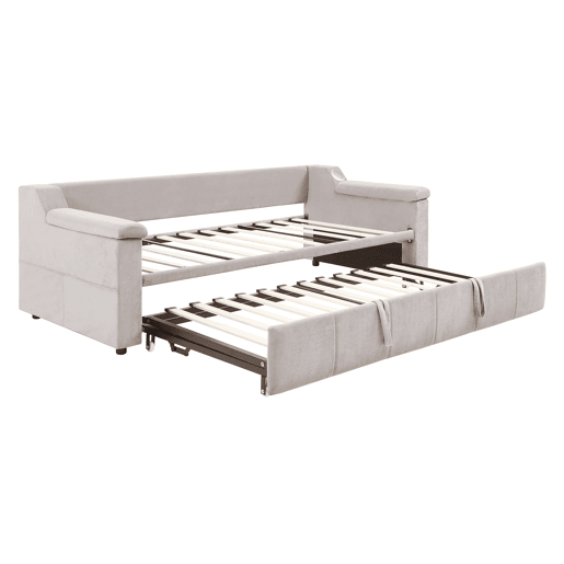 Sofá-cama 90180x190 cm - Apoios de braços largos e grossos, Com sistema de som Bluetooth inteligente, Com porta USB, Com compartimentos de arrumação, Com estrado, Tecido de veludo - Bege