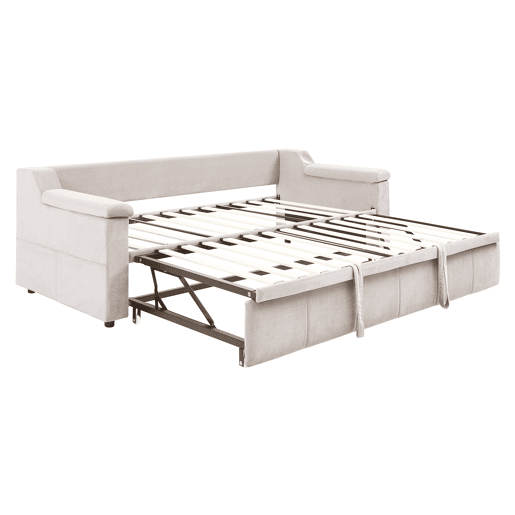 Sofá-cama 90180x190 cm - Apoios de braços largos e grossos, Com sistema de som Bluetooth inteligente, Com porta USB, Com compartimentos de arrumação, Com estrado, Tecido de veludo - Bege