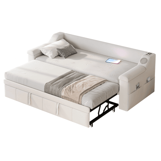 Sofá-cama 90180x190 cm - Apoios de braços largos e grossos, Com sistema de som Bluetooth inteligente, Com porta USB, Com compartimentos de arrumação, Com estrado, Tecido de veludo - Bege