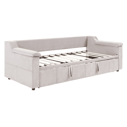 Sofá-cama 90180x190 cm - Apoios de braços largos e grossos, Com sistema de som Bluetooth inteligente, Com porta USB, Com compartimentos de arrumação, Com estrado, Tecido de veludo - Bege