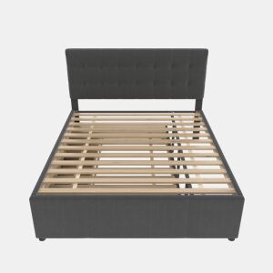 Cama estofada 140x200cm - Cama de casal, cama familiar, cama matrimonial com três gavetas, cama extensível, cabeceira ajustável - Cinza