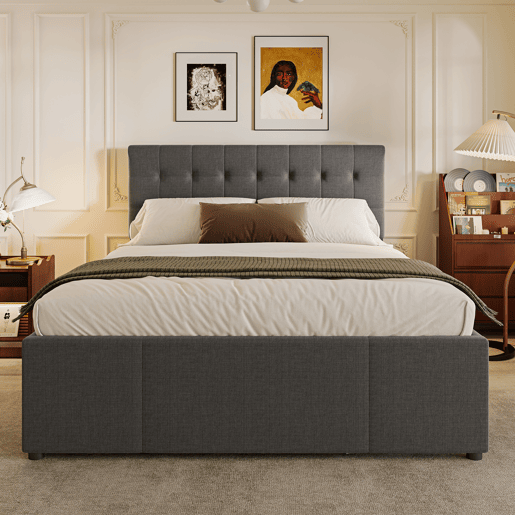 Cama estofada 140x200cm - Cama de casal, cama familiar, cama matrimonial com três gavetas, cama extensível, cabeceira ajustável - Cinza