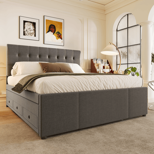 Cama estofada 140x200cm - Cama de casal, cama familiar, cama matrimonial com três gavetas, cama extensível, cabeceira ajustável - Cinza