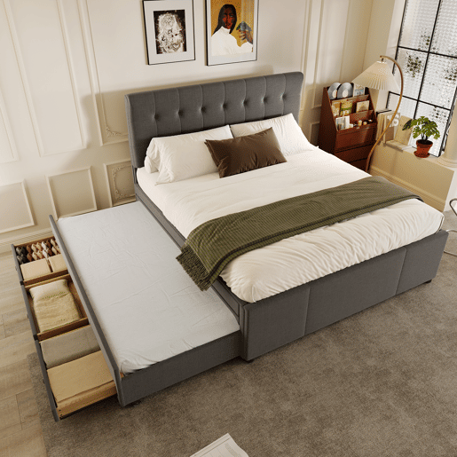 Cama estofada 140x200cm - Cama de casal, cama familiar, cama matrimonial com três gavetas, cama extensível, cabeceira ajustável - Cinza