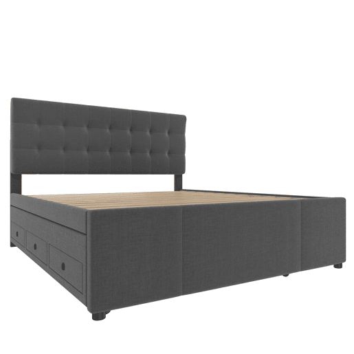 Cama estofada 140x200cm - Cama de casal, cama familiar, cama matrimonial com três gavetas, cama extensível, cabeceira ajustável - Cinza