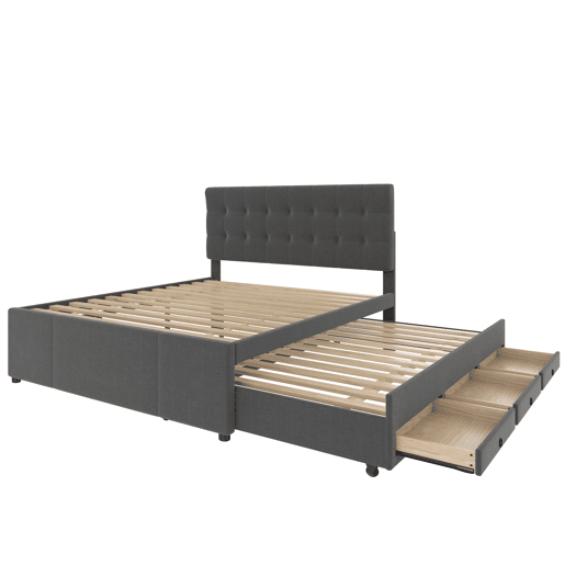 Cama estofada 140x200cm - Cama de casal, cama familiar, cama matrimonial com três gavetas, cama extensível, cabeceira ajustável - Cinza