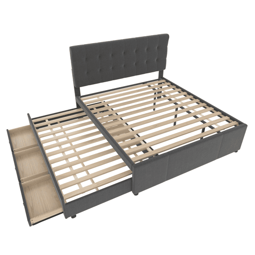 Cama estofada 140x200cm - Cama de casal, cama familiar, cama matrimonial com três gavetas, cama extensível, cabeceira ajustável - Cinza