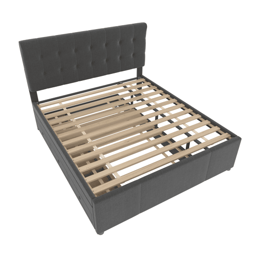 Cama estofada 140x200cm - Cama de casal, cama familiar, cama matrimonial com três gavetas, cama extensível, cabeceira ajustável - Cinza