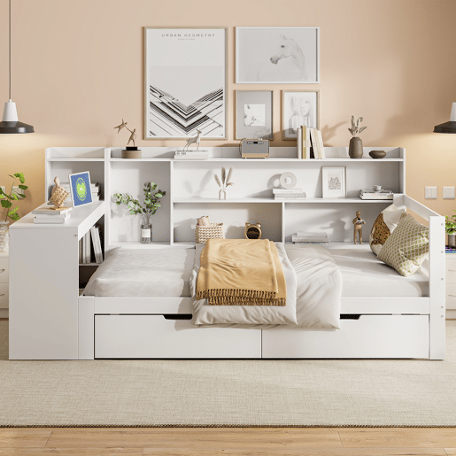 Sofá-cama 90 x 200 cm - Com secretária, estante, compartimentos e tomada - Branco