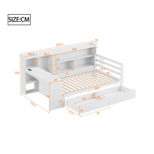 Sofá-cama 90 x 200 cm - Com secretária, estante, compartimentos e tomada - Branco